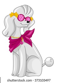 Illustration of a Fashionable Poodle Wearing a Pink Scarf and Matching Glasses