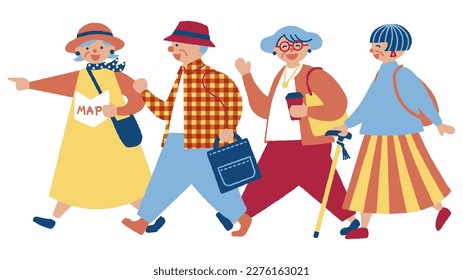 It is an illustration of a fashionable senior walking happily.Vector data that is easy to edit.There are other variations as well.