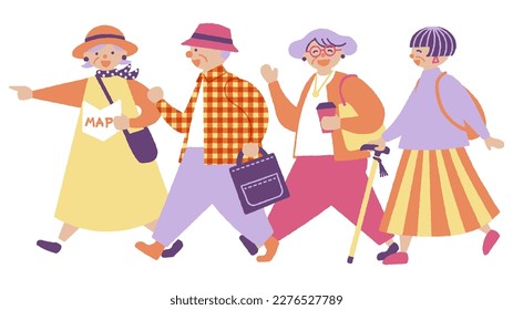 It is an illustration of a fashionable senior walking happily.Vector data that is easy to edit.There are other variations as well.