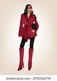 Illustration of fashionable stylish diva girl on light gray background.