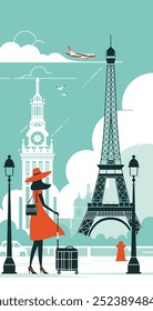 Illustration eines modischen Reisenden in Paris mit Koffer, mit dem Eiffelturm Frankreich und Stadtbild.