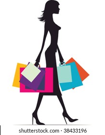 Illustration of a fashionable woman with lots of bags