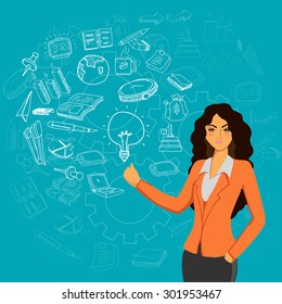 Illustration of a fashionable young businesswoman presenting various business infographic elements on sky blue background.