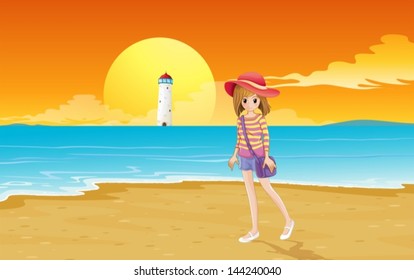 Illustration of a fashionable young girl at the beach