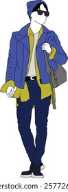 Illustration of a fashionably dressed man wearing a blue coat, sunglasses, and holding a bag. Expressing a modern urban style and confident personality, perfect for lifestyle and fashion themes.