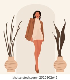 Illustration of a fashionista girl with tropical leaves on light pink background.