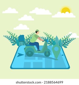 illustration of fast delivery with scooter on mobile. Order packages on E-commerce with the app. Courier tracking with map app. Vector illustration.