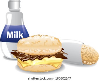 Illustration of a fast food breakfast with a bacon egg and cheese biscuit sandwich, hashbrown and milk
