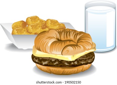 Illustration of a fast food breakfast with a croissant sandwich, tater tots and milk