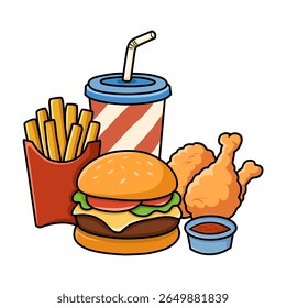 ilustração de fast food, hambúrgueres, batatas fritas, frango frito etc.