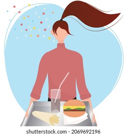 Illustration of the fast food concept: a woman holding a fast food tray, a burger, French fries, a drink. Hunger, fast delicious food, burger day. Vector illustration in a flat style