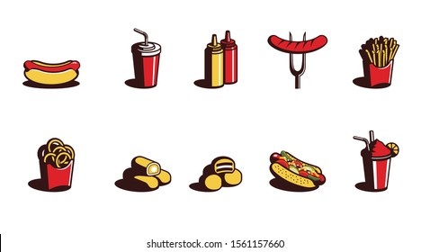 illustration of fast food and drinks, burgers, sausages, sauces, french fries, bread and hot dog