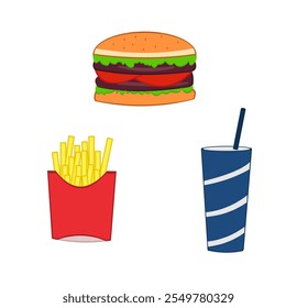 illustration of fast food. hamburger, fries, and soda drink.