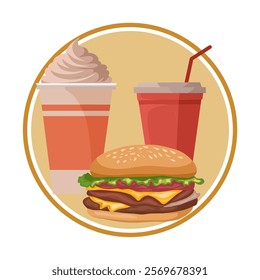 illustration of fast food, hamburger and two glasses of drinks