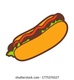 Illustration of fast food hot dog. Tasty fastfood lunch product icon.