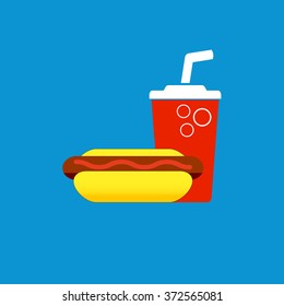 Illustration of fast food: hot dog with ketchup and cola