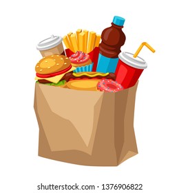 Illustration with fast food meal. Tasty fastfood lunch products. Background for menu or advertising.