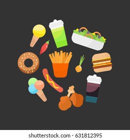 Illustration with fast food in the middle on dark grey background