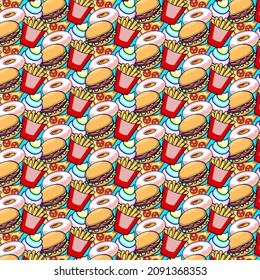 Illustration of fast food pattern wtih burger, fries, donut, ice cream and pizza