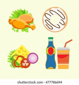 Illustration of fast food products. Pictures diverse street food for a quick snack. Bright color image in a vector for high quality products.