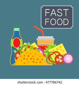 Illustration of fast food products. Pictures diverse street food for a quick snack. Bright color image in a vector for high quality products.