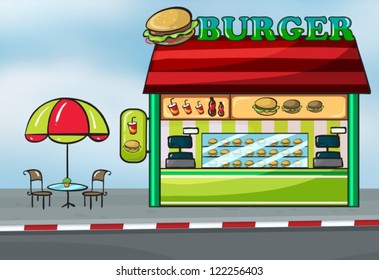 Illustration of a fast food restaurant near the street