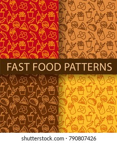 illustration of fast food seamless patterns in different colors