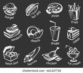 illustration of fast food set on black background