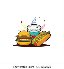 illustration of fast food sets, hamburgers, hot dogs, soda drinks