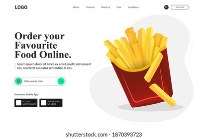 Illustration of Fast food web banner. junk food for restaurant landing page. Order food online.