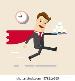 Illustration of a fast manager or employee.  A man in a suit of super hero is flying with  cups of coffee on a tray. Vector, EPS 10