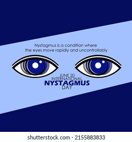 Illustration of fast moving eyes to the right and left with bold texts and sentences on blue background , International Nystagmus Day June 20