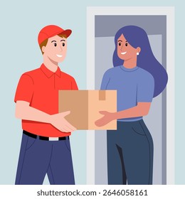 Ilustração de uma entrega de pacote rápida e confiável Um mensageiro sorridente entrega um pacote a um cliente feliz