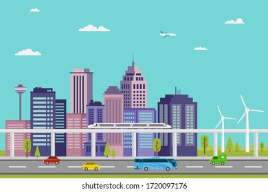 illustration of fast trains and electric cars in a smart city and eco energy vector design