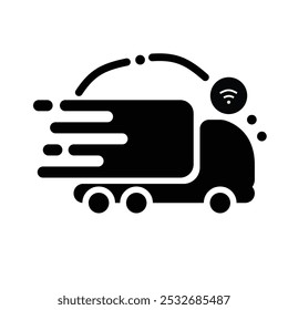 Illustration of a fast-moving delivery truck with Wi-Fi signal, symbolizing modern logistics and smart transportation. Ideal for projects related to efficient delivery services, cutting-edge logistics