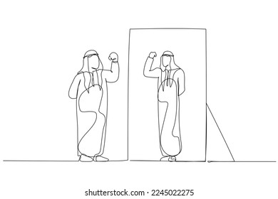 Illustration of fat arab man looking into mirror seeing fit lean healthy version. One continuous line art style