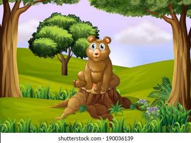 Illustration of a fat bear above the stump