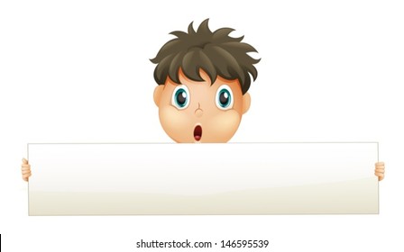Illustration of a fat boy holding an empty white cardboard on a white background 