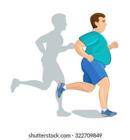 Illustration of a fat cartoon man jogging, weight loss, cardio training, health conscious concept running man, before and after