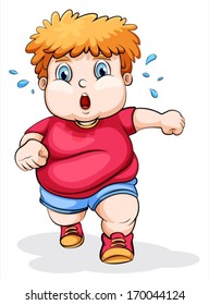 Illustration of a fat Caucasian kid running on a white background