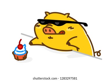 Illustration of a fat cute pig in sunglasses. Vector. Flat style. The pig is trying to steal the cake. Character for the candy store. Internet meme.