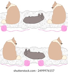 Illustration of a fat dog sitting on a carpet and a smaller dog lying on the carpet, decorated with yarn.