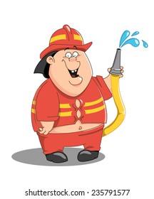 Illustration of Fat Fireman with fire hose in the red suit