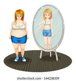 Illustration of a fat girl and her skinny reflection on a white background