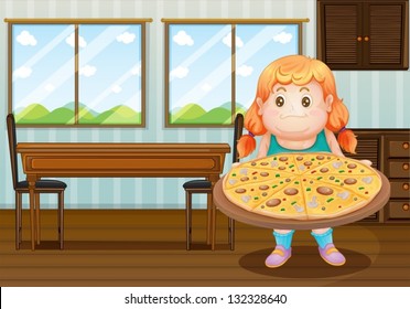 Illustration of a fat girl holding a circle of pizza