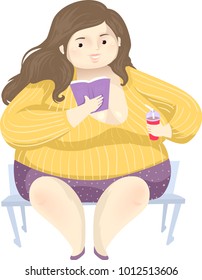 Illustration of a Fat Girl Sitting on the Bench Reading a Book and Drinking Soda