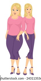 Illustration of a Fat Girl and a Thin One Standing Side by Side