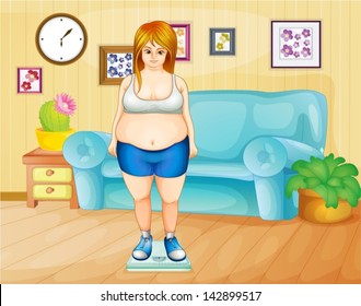 Illustration of a fat girl weighing her weight inside the house