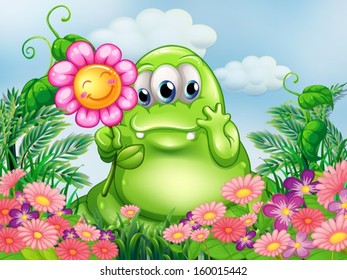 Illustration of a fat green monster in the garden