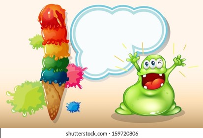 Illustration of a fat green monster shouting near the giant icecream